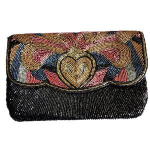 Vintage Multicolor Beaded Satin Evening Clutch Purse Shoulder Bag